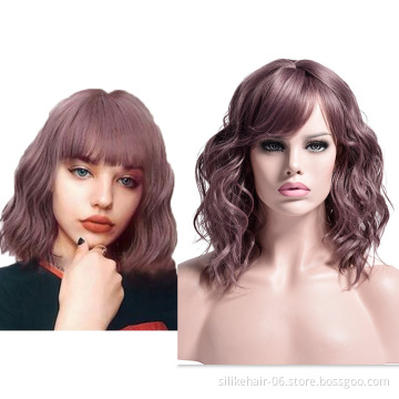 Hot Selling Heat Resistant Ombre Brown Black Brown Pink Silky Curly Wig For Women Synthetic Short Water Wavy Wigs With Bangs
